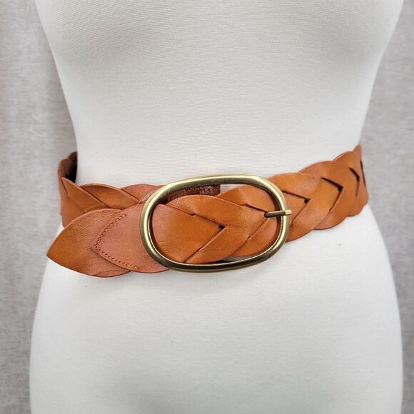 Miss Me Braided Woven Orangey Tan Leather Belt with Large Gold Toned Oval Buckle main image 12